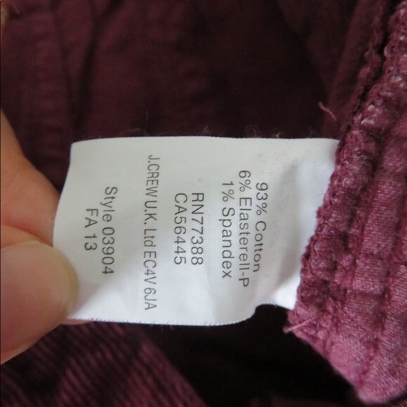 J. Crew Pants Toothpick Fitted Ankle Dark Red Corduroy Womens 24 Skinny Low Rise - Picture 7 of 8